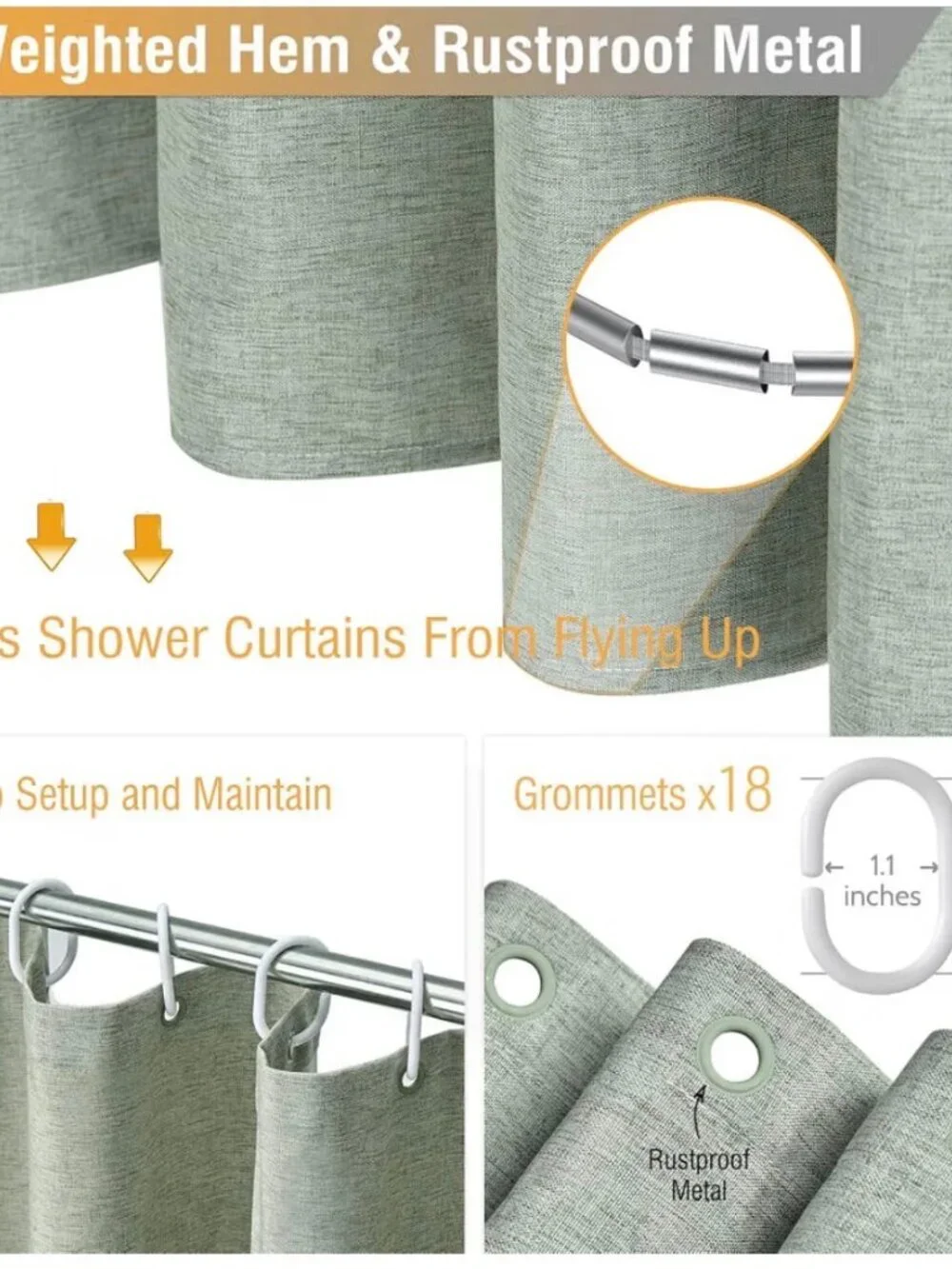 Shower Curtain Linen Textured Cloth Fabric Waterproof Sage Green 108 x 72